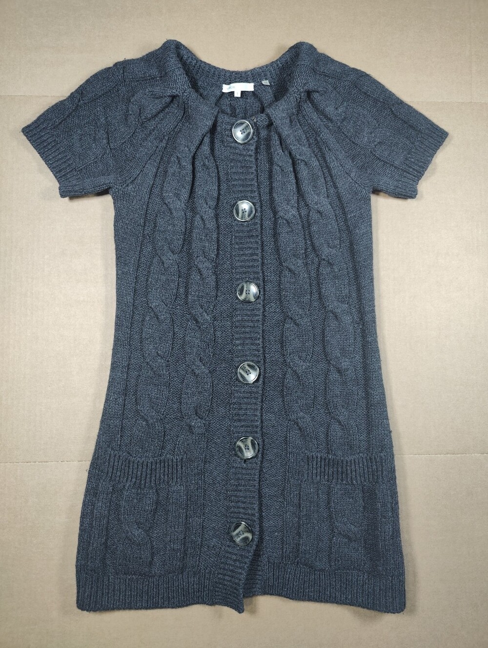 Vince Alpaca Gray Wool Cable Knit Button Up Short Sleeve Sweater Dress Size S